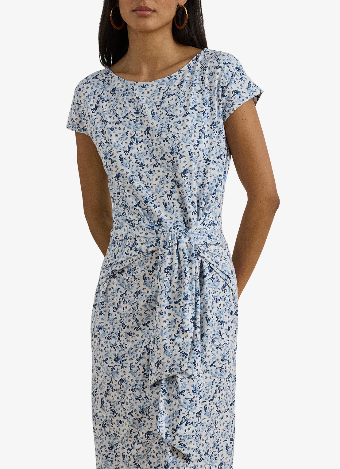 Ralph Lauren Midi jurk met bloemenprint en geknoopt detail - detail 2 white/blue / blauw