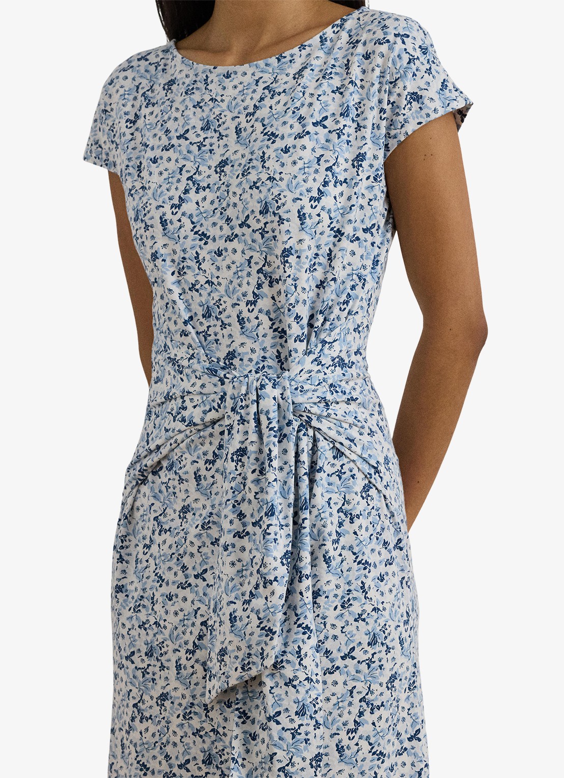 Ralph Lauren Midi jurk met bloemenprint en geknoopt detail - detail 3 white/blue / blauw