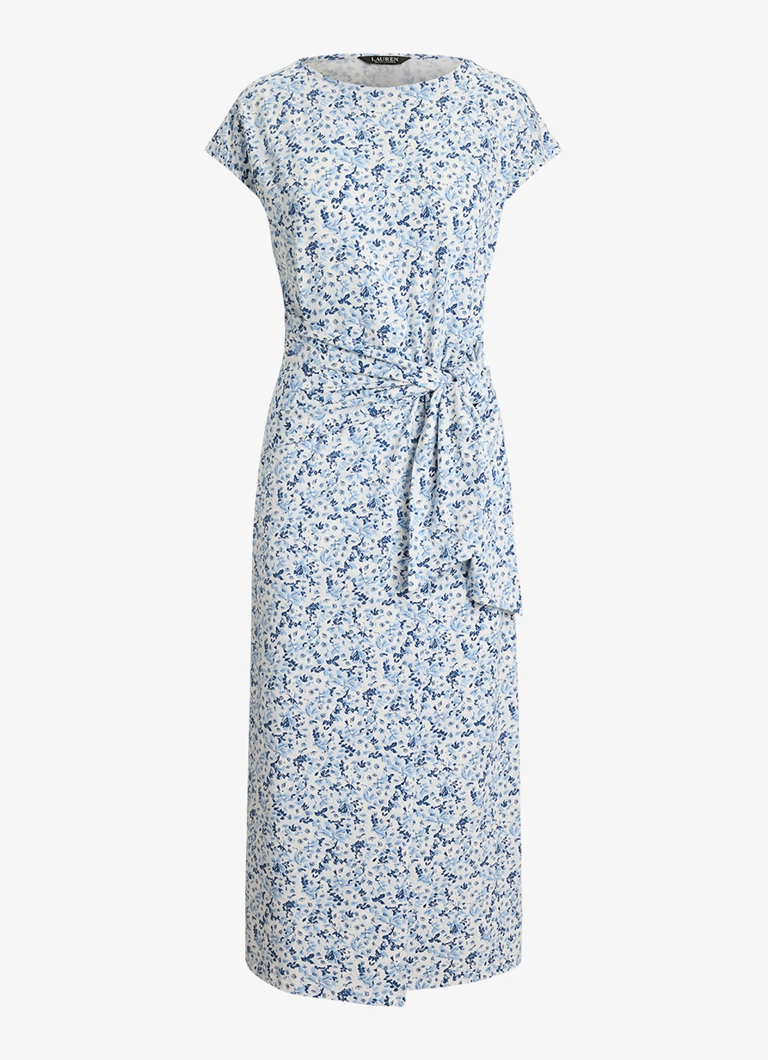 Ralph Lauren Midi jurk met bloemenprint en geknoopt detail - voorkant 4 white/blue / blauw