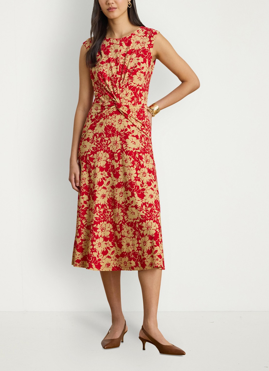 Ralph Lauren Midi jurk met bloemenprint en plooidetail - detail 2 red/tan / rood