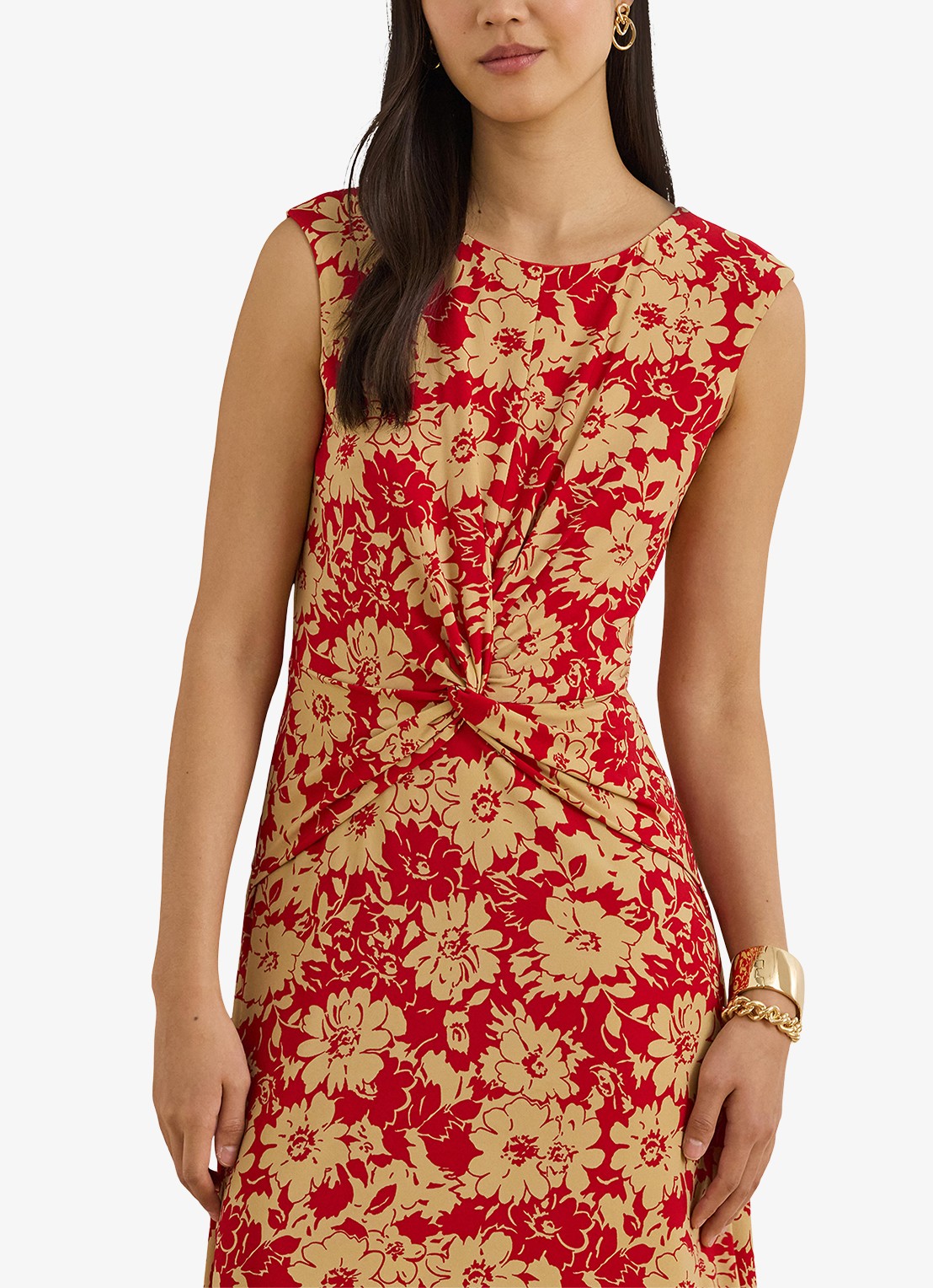 Ralph Lauren Midi jurk met bloemenprint en plooidetail - detail 4 red/tan / rood