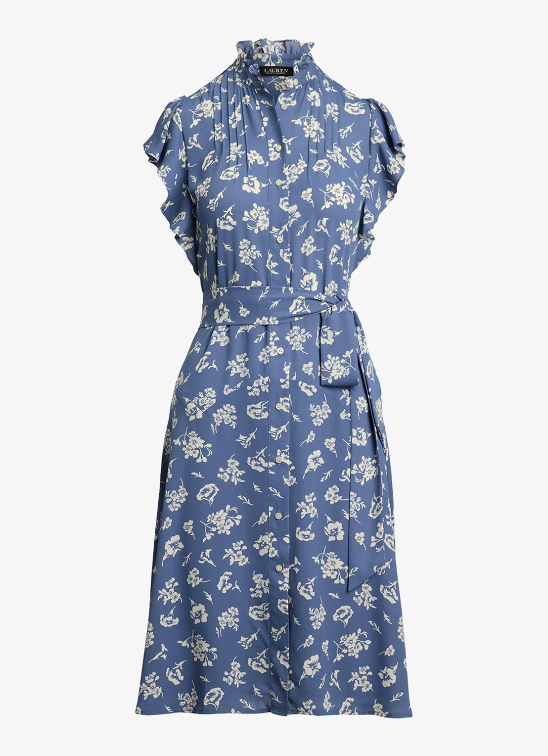 Ralph Lauren Midi jurk met bloemenprint en strikceintuur - voorkant 4 blauw