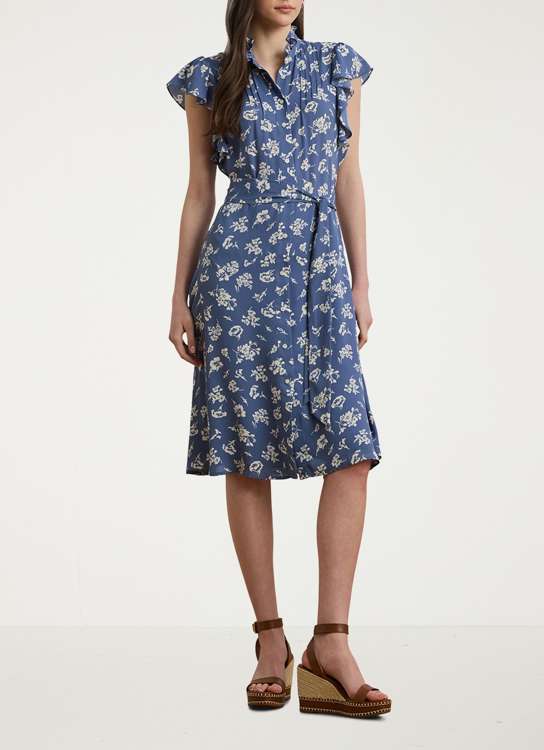 Ralph Lauren Midi jurk met bloemenprint en strikceintuur - voorkant 5 blauw