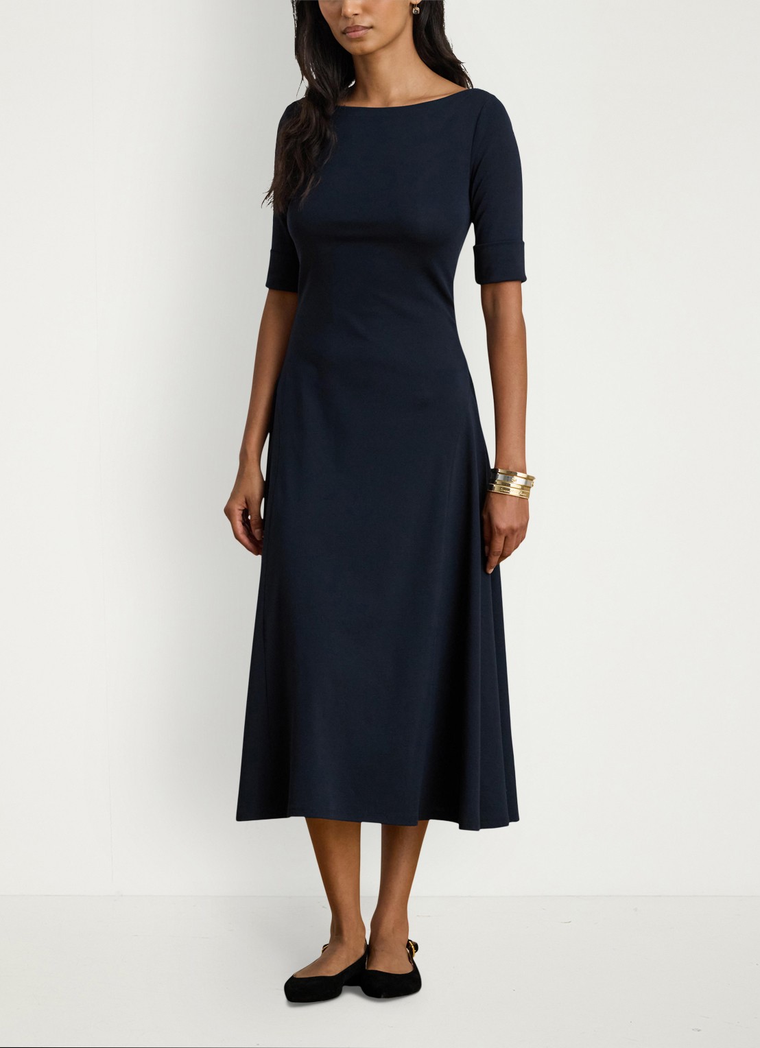 Ralph Lauren Midi jurk met boothals - voorkant 4 lighthouse navy / donkerblauw