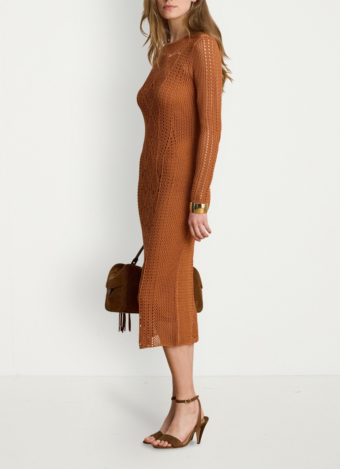 Ralph Lauren Midi jurk met opengebreid dessin - voorkant red terracotta / rood
