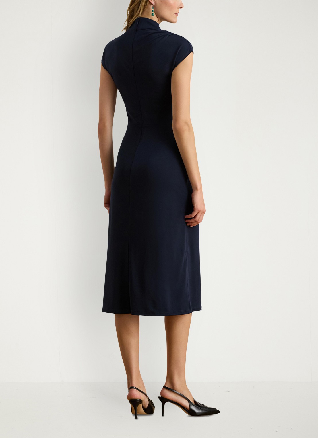 Ralph Lauren Midi jurk met opstaande kraag en plooidetail - achterkant donkerblauw