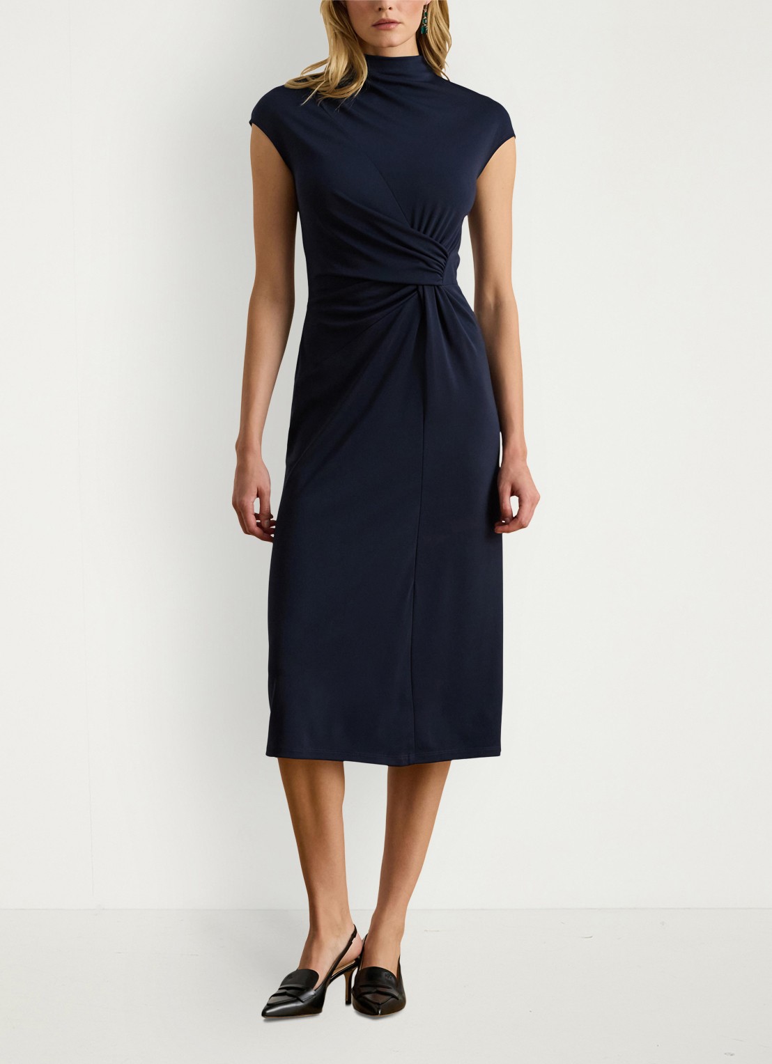 Ralph Lauren Midi jurk met opstaande kraag en plooidetail - detail 3 donkerblauw