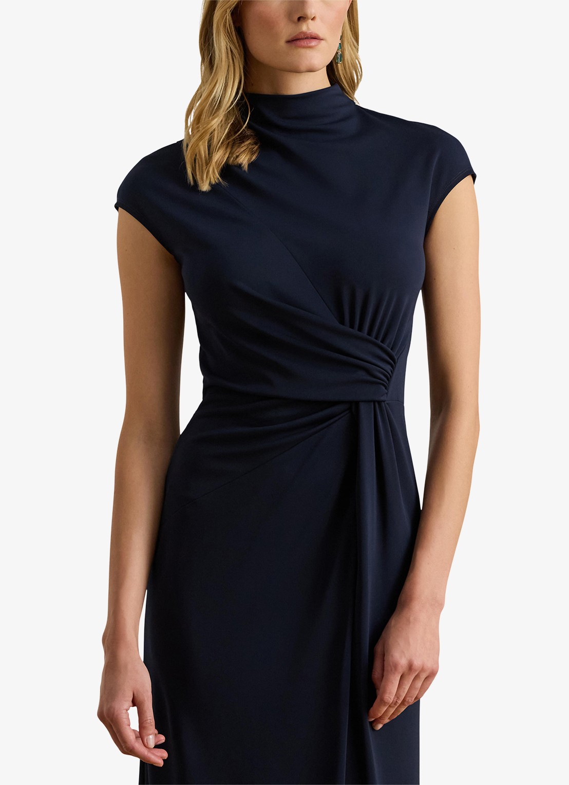 Ralph Lauren Midi jurk met opstaande kraag en plooidetail - detail 4 donkerblauw