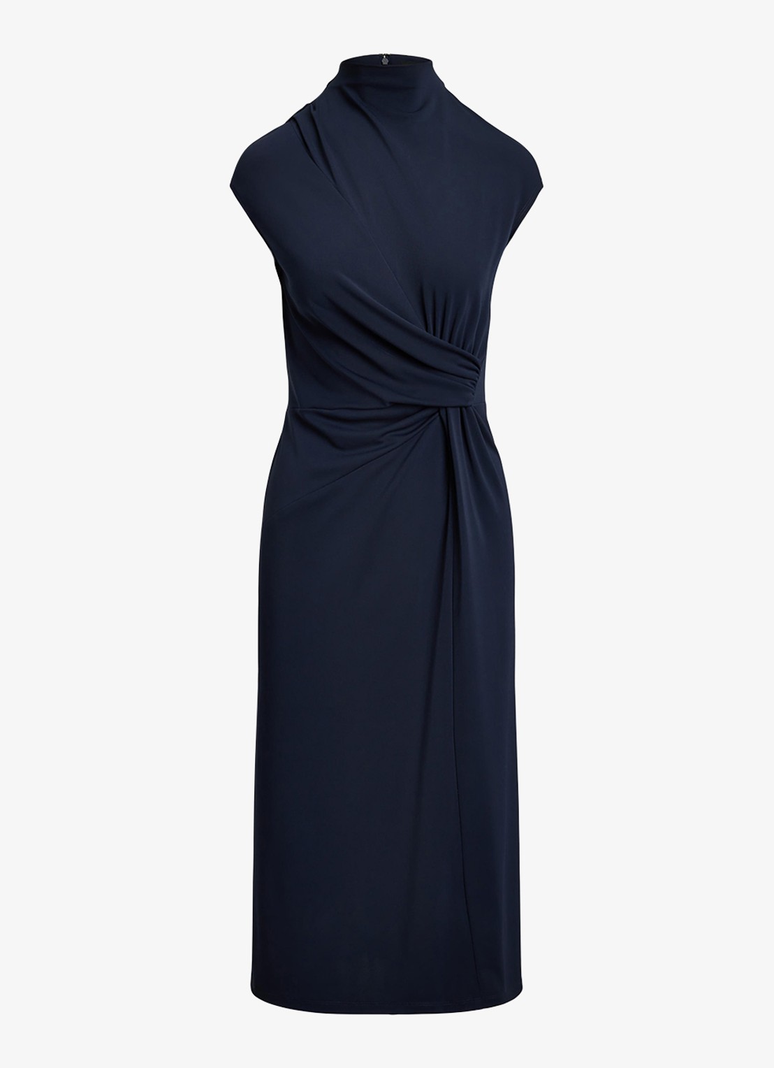 Ralph Lauren Midi jurk met opstaande kraag en plooidetail - voorkant 2 donkerblauw
