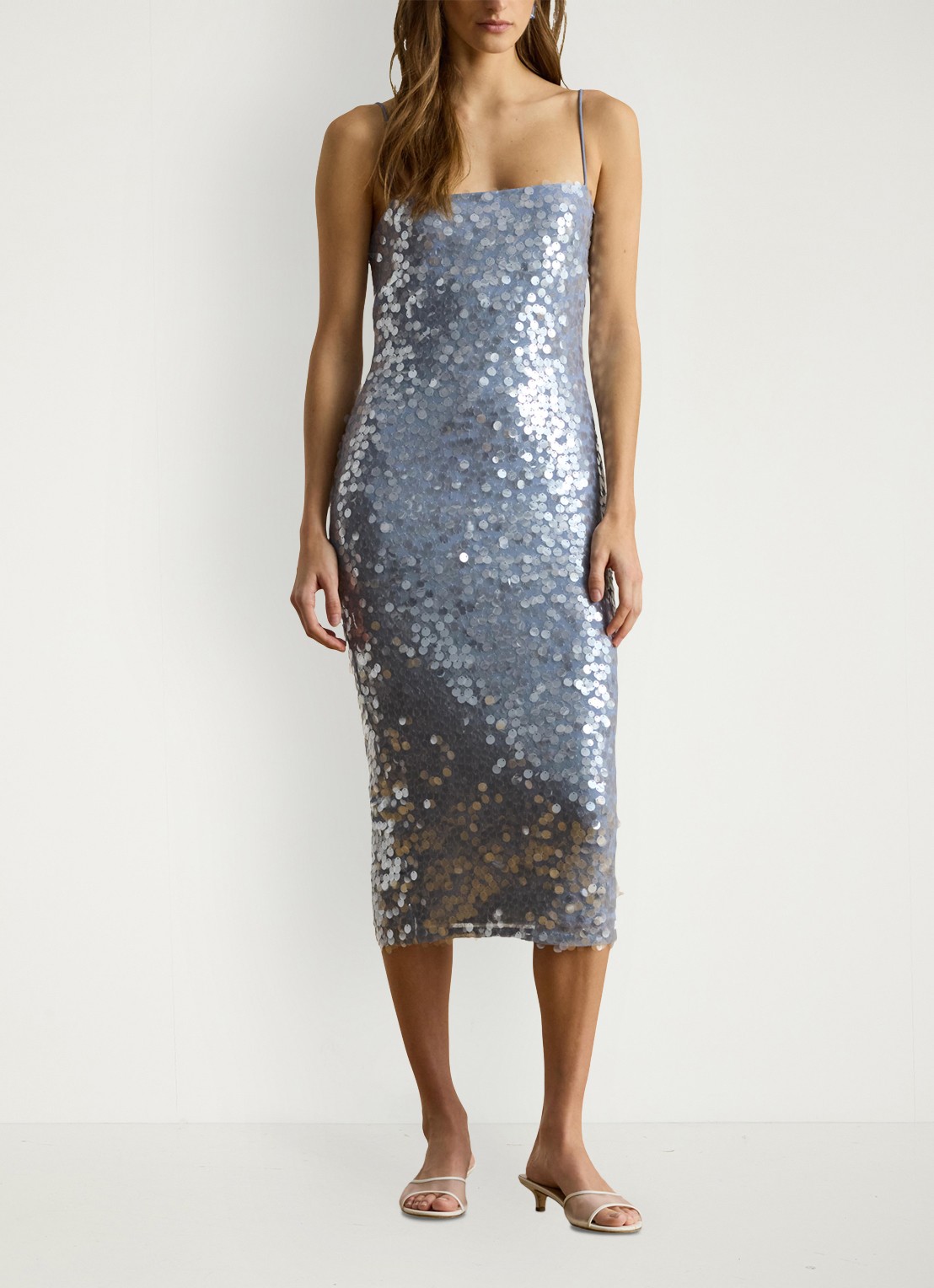 Ralph Lauren Midi jurk met pailletten en split - voorkant 2 blue multi / blauw