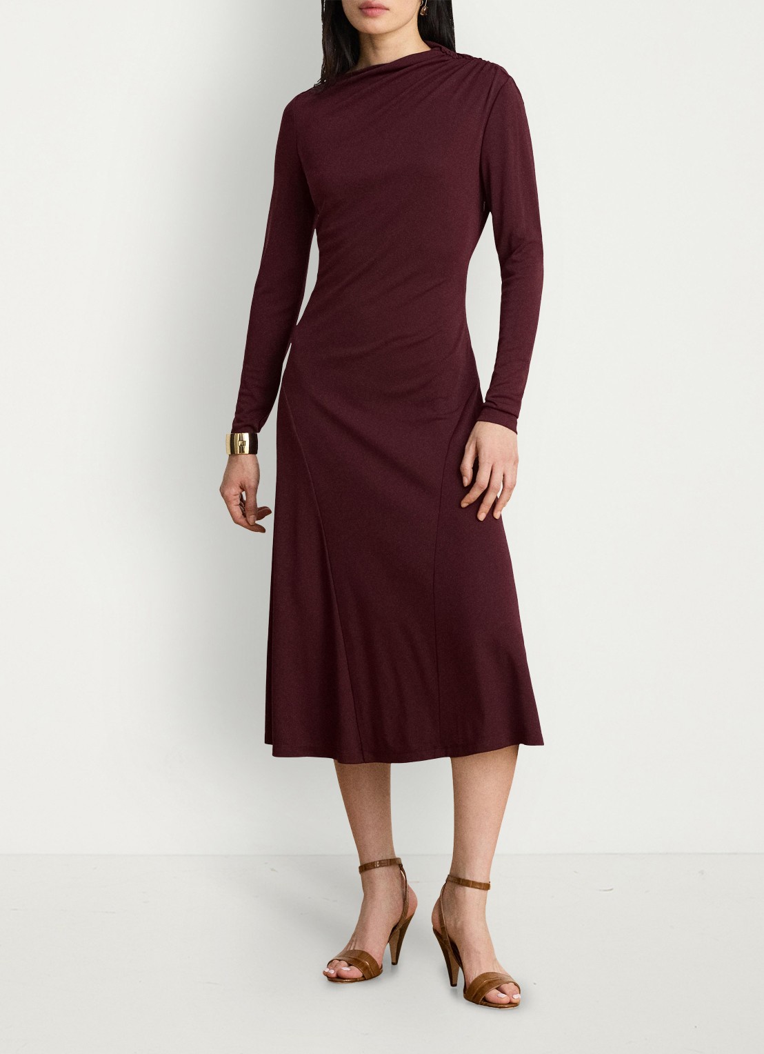 Ralph Lauren Midi jurk met plooidetail - voorkant 5 dark garnet / bordeauxrood