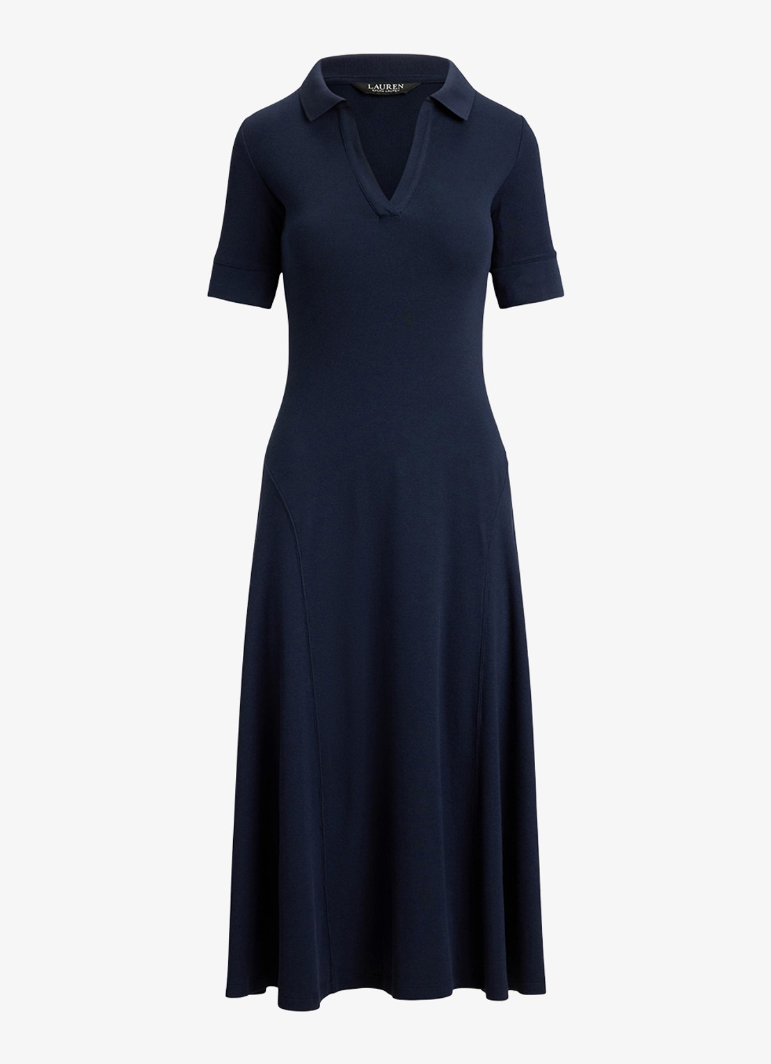 Ralph Lauren Midi jurk met ribstructuur - voorkant donkerblauw