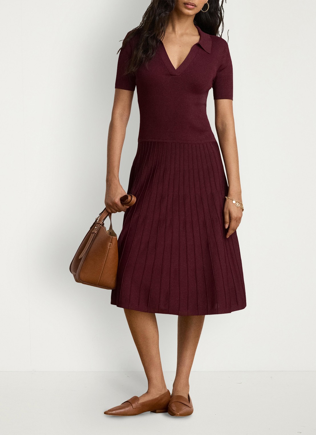 Ralph Lauren Midi jurk met ribstructuur - voorkant 5 dark garnet / bordeauxrood