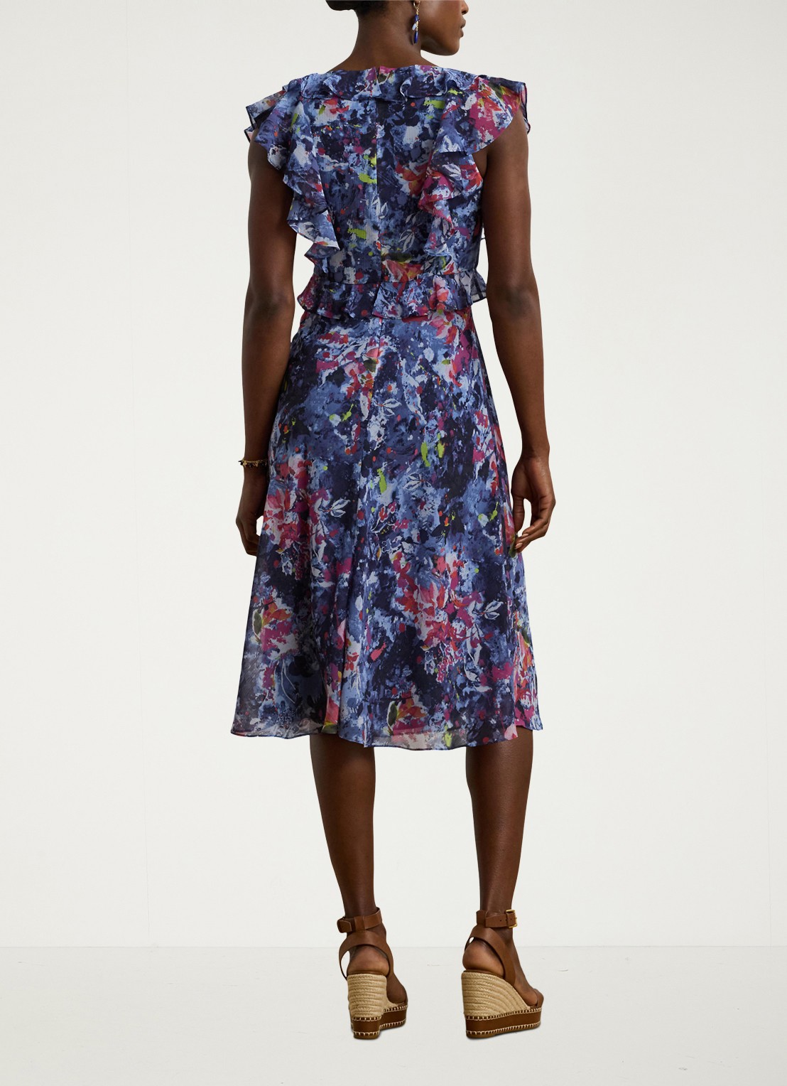Ralph Lauren Midi jurk met ruches en print - achterkant blue multi / blauw