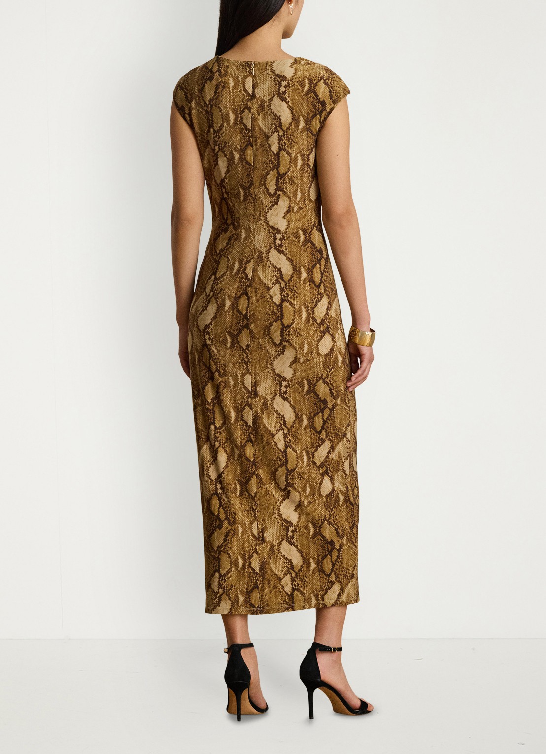 Ralph Lauren Midi jurk met slangenprint en split - achterkant 5 tan multi / beige
