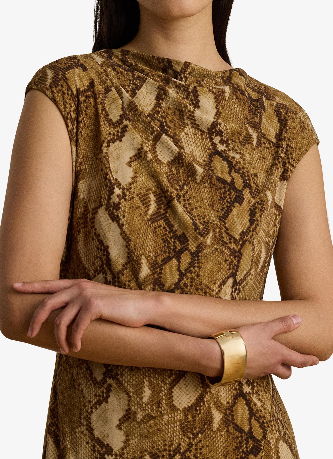 Ralph Lauren Midi jurk met slangenprint en split - detail 3 tan multi / beige