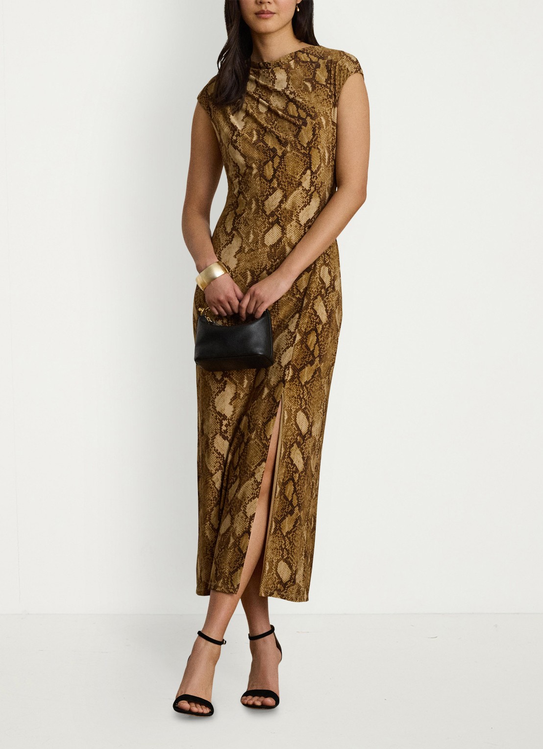 Ralph Lauren Midi jurk met slangenprint en split - voorkant 2 tan multi / beige