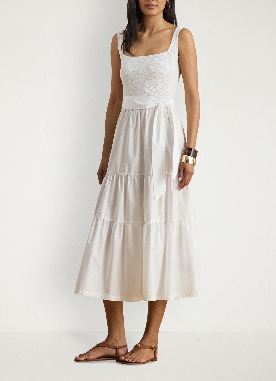 Ralph Lauren Midi jurk met smockwerk en strikceintuur - voorkant 3 wit