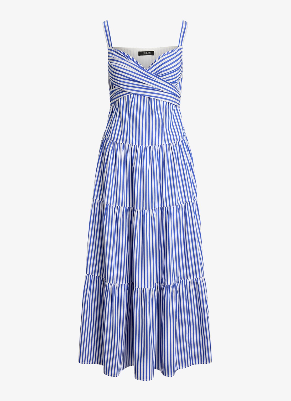 Ralph Lauren Midi jurk met streepprint en strikceintuur - voorkant blue / blauw