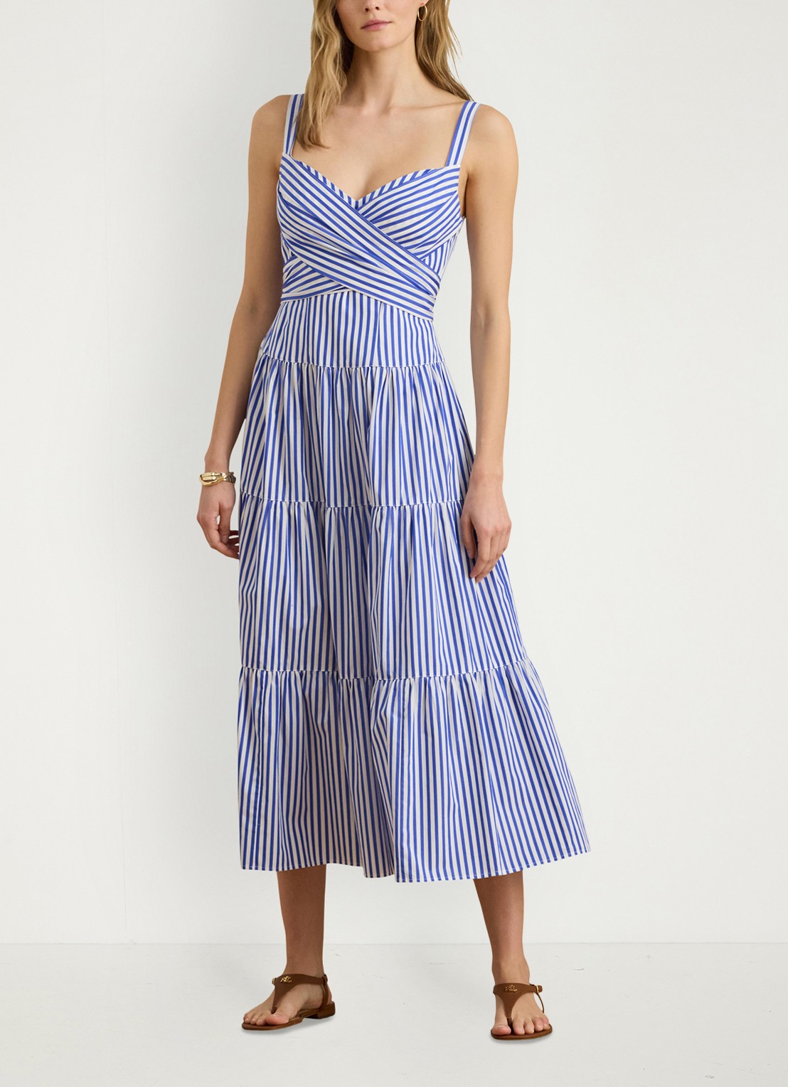 Ralph Lauren Midi jurk met streepprint en strikceintuur - voorkant 2 blue / blauw