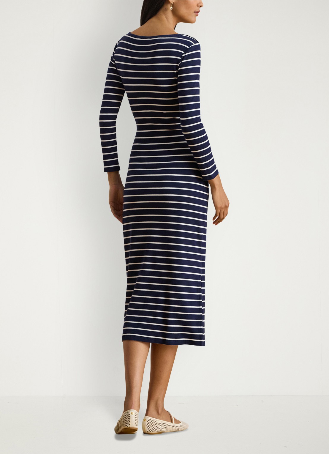Ralph Lauren Midi jurk met streepprint en strikdetail - achterkant 2 donkerblauw