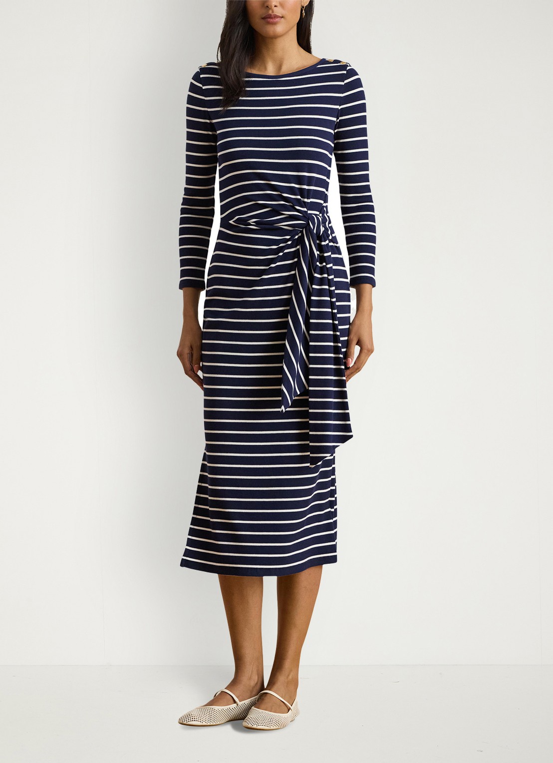 Ralph Lauren Midi jurk met streepprint en strikdetail - detail 3 donkerblauw