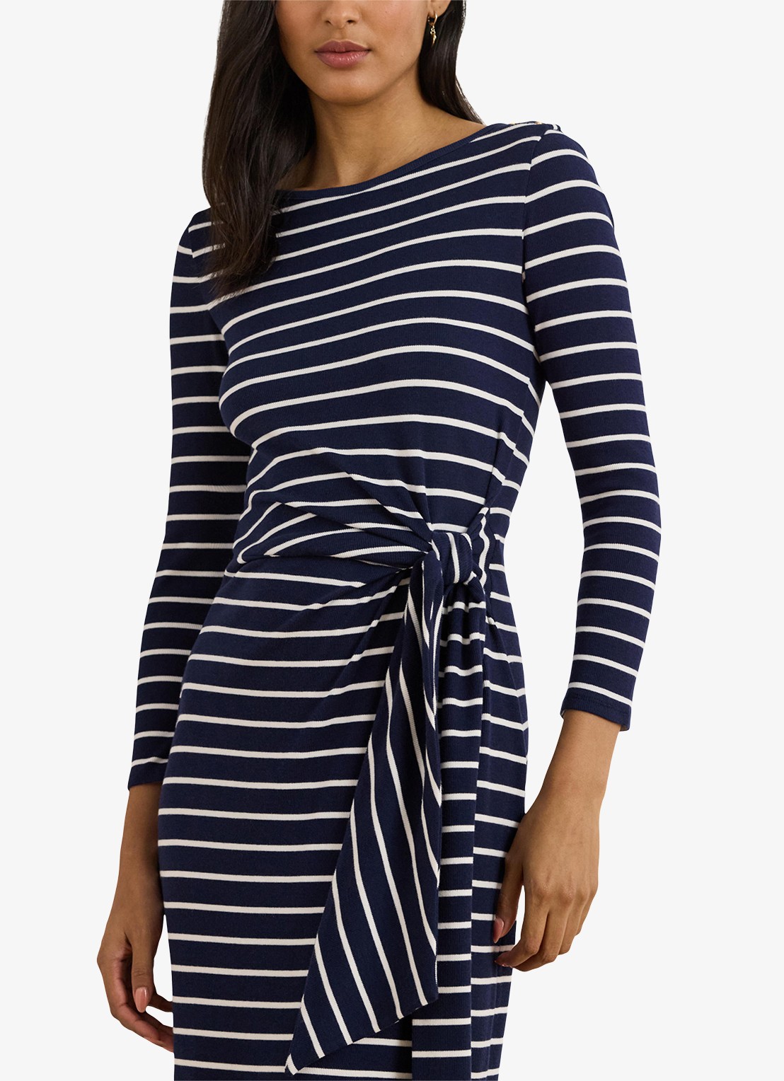 Ralph Lauren Midi jurk met streepprint en strikdetail - detail 4 donkerblauw