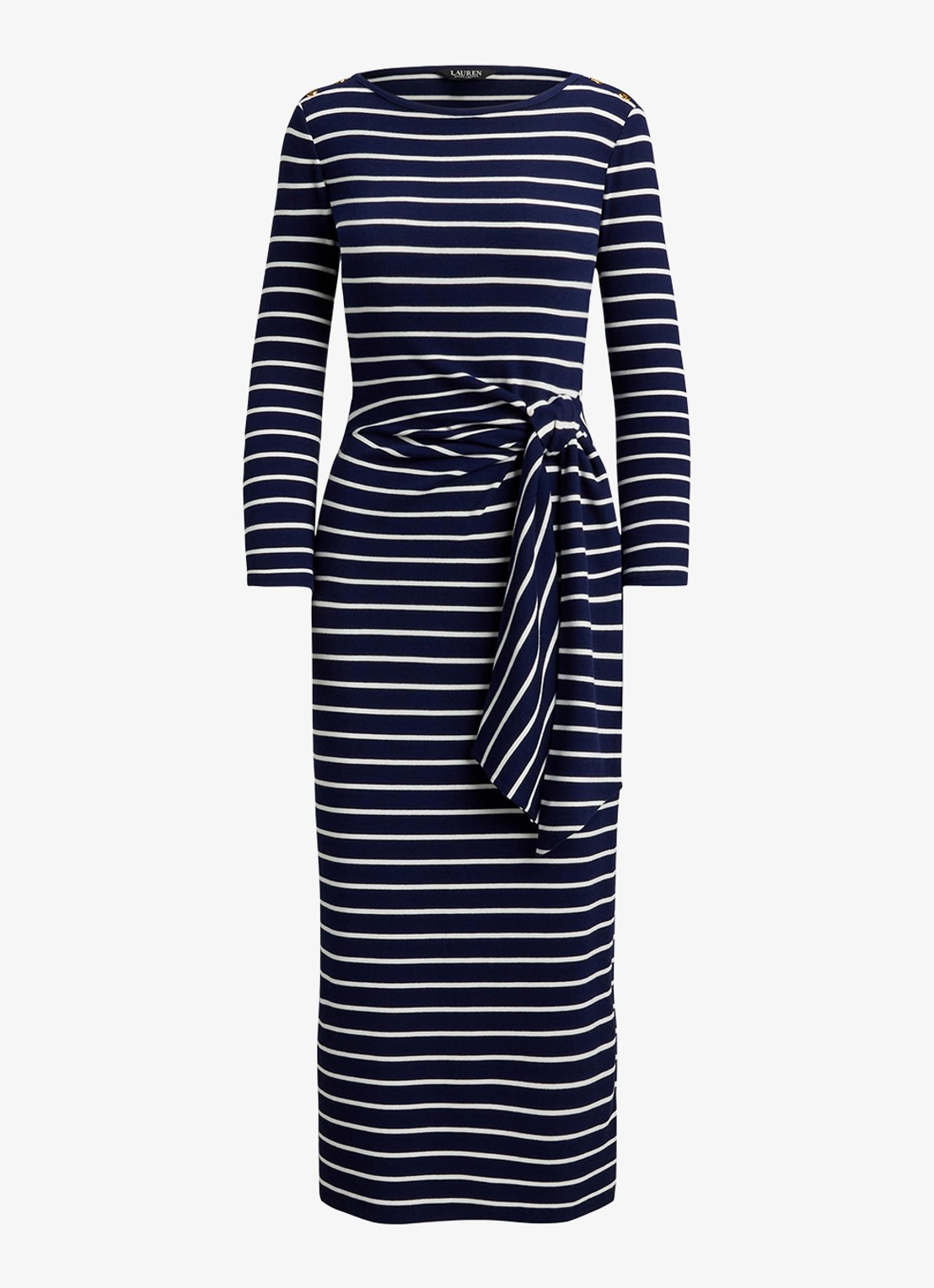Ralph Lauren Midi jurk met streepprint en strikdetail - voorkant donkerblauw