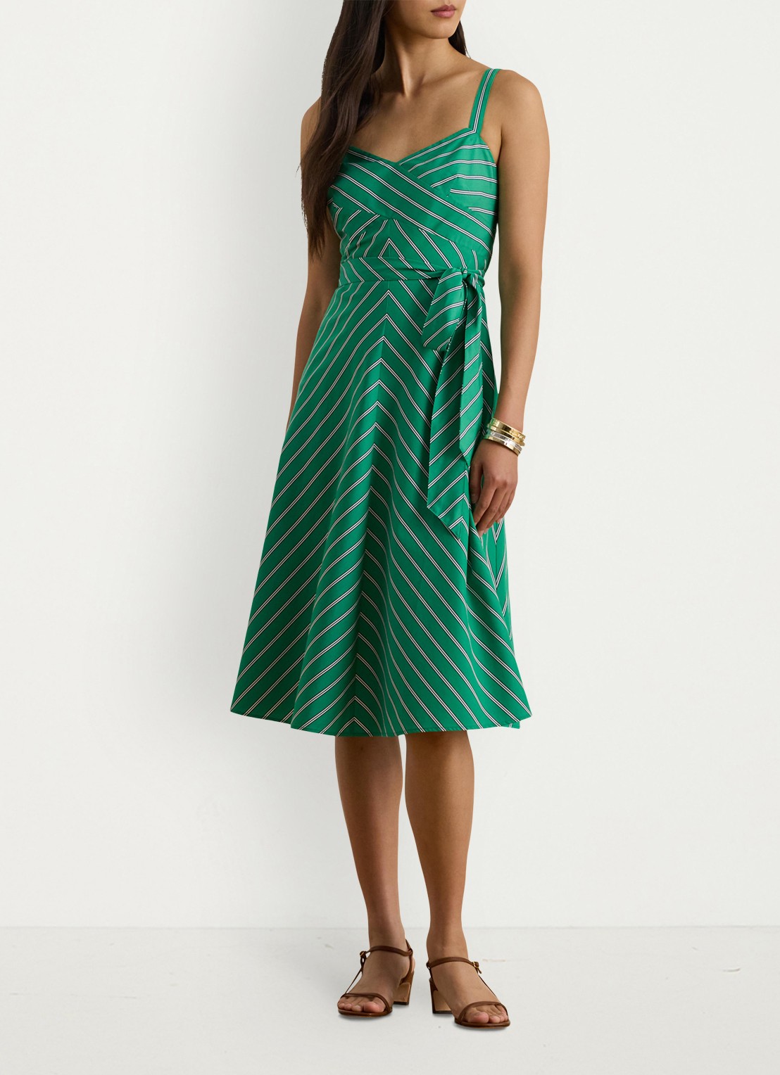 Ralph Lauren Midi jurk met strikceintuur en streepprint - detail green white / groen
