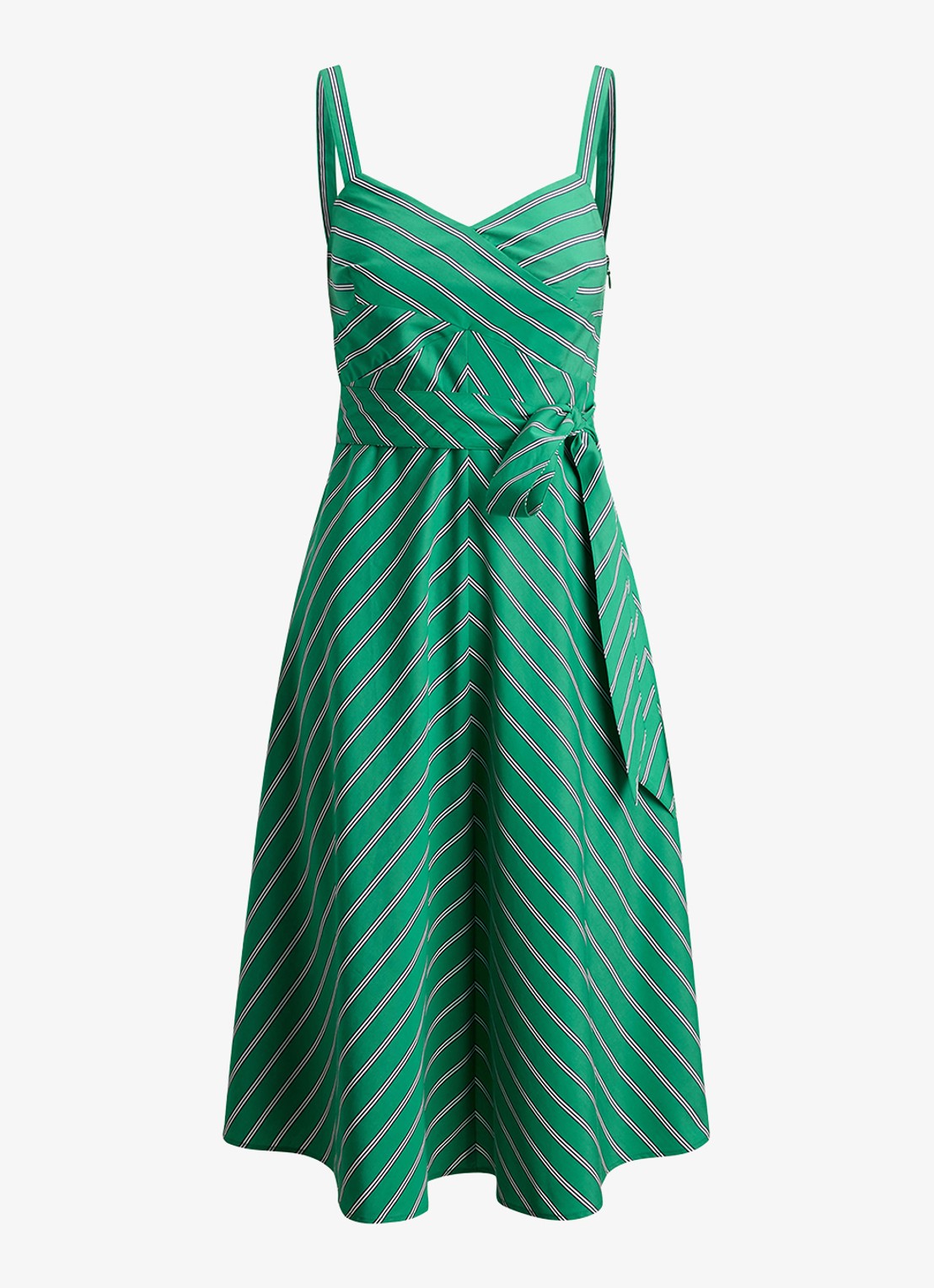 Ralph Lauren Midi jurk met strikceintuur en streepprint - voorkant 4 green white / groen