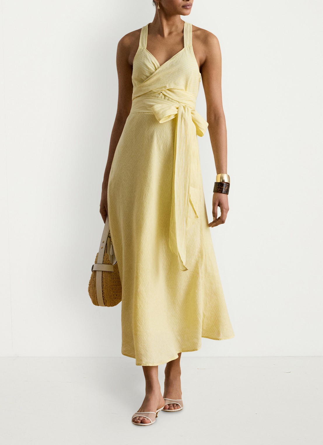 Ralph Lauren Midi jurk van linnen met streepprint - detail 2 yellow/white / geel