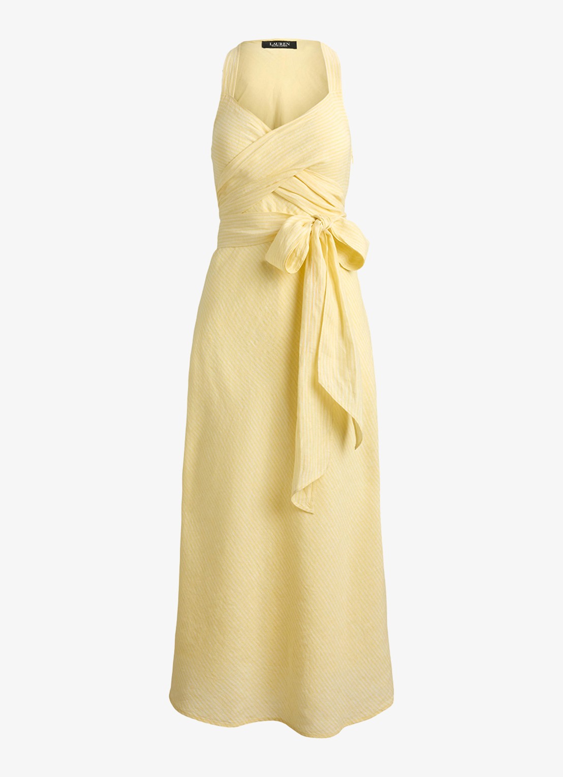 Ralph Lauren Midi jurk van linnen met streepprint - voorkant yellow/white / geel