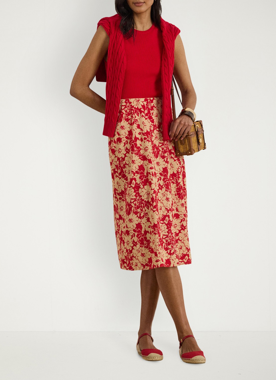 Ralph Lauren Midi rok met bloemenprint - voorkant 2 red tan / rood
