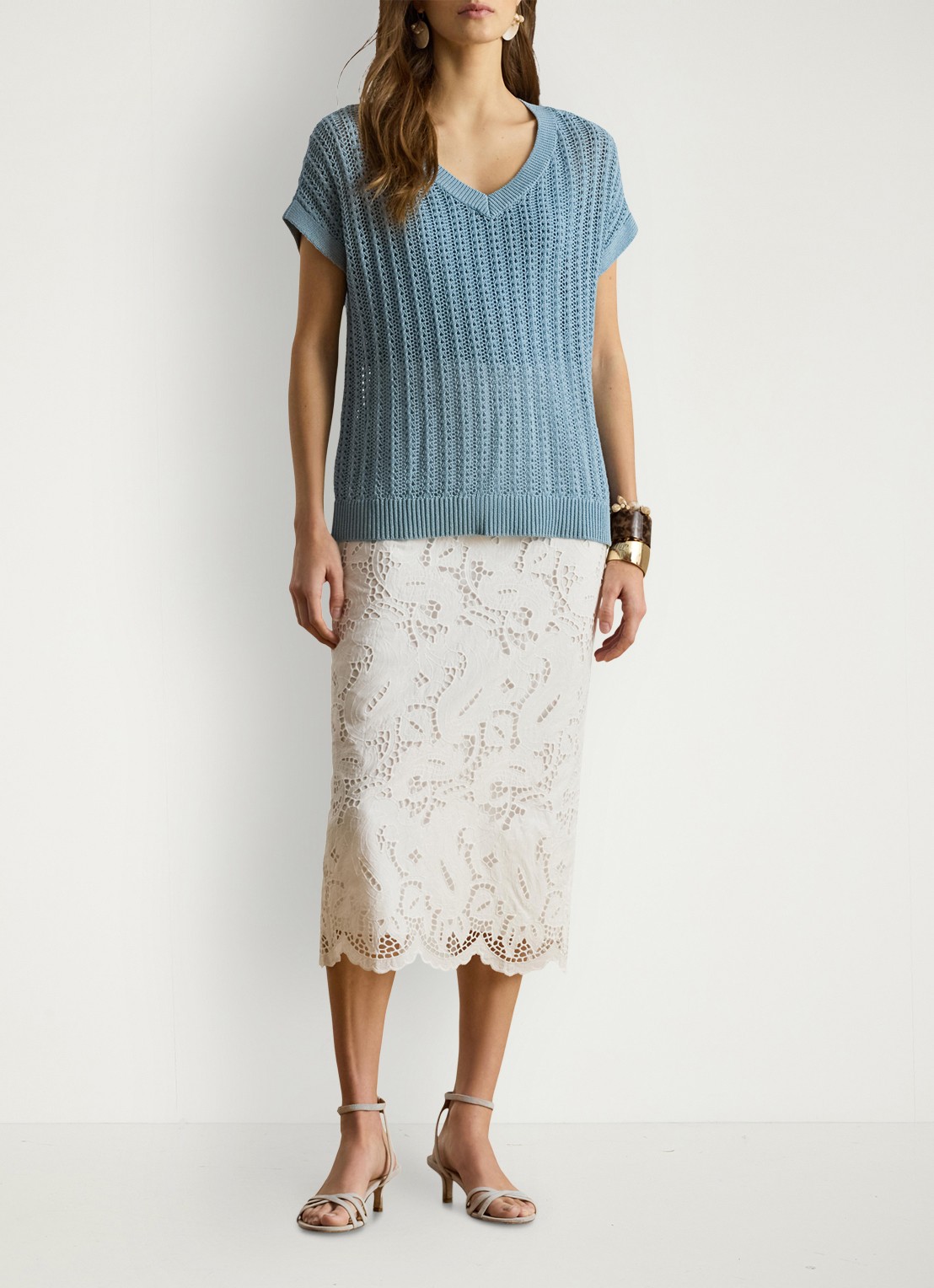 Ralph Lauren Midi rok met broderie - voorkant 3 wit