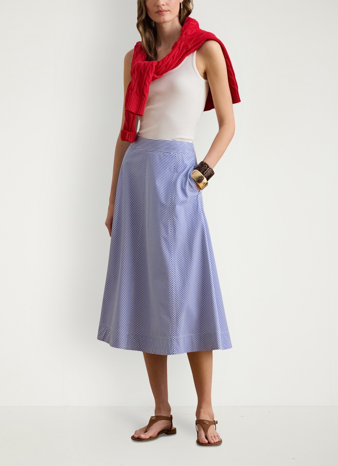 Ralph Lauren Midi rok met streepprint met steekzakken - voorkant 2 blue / blauw