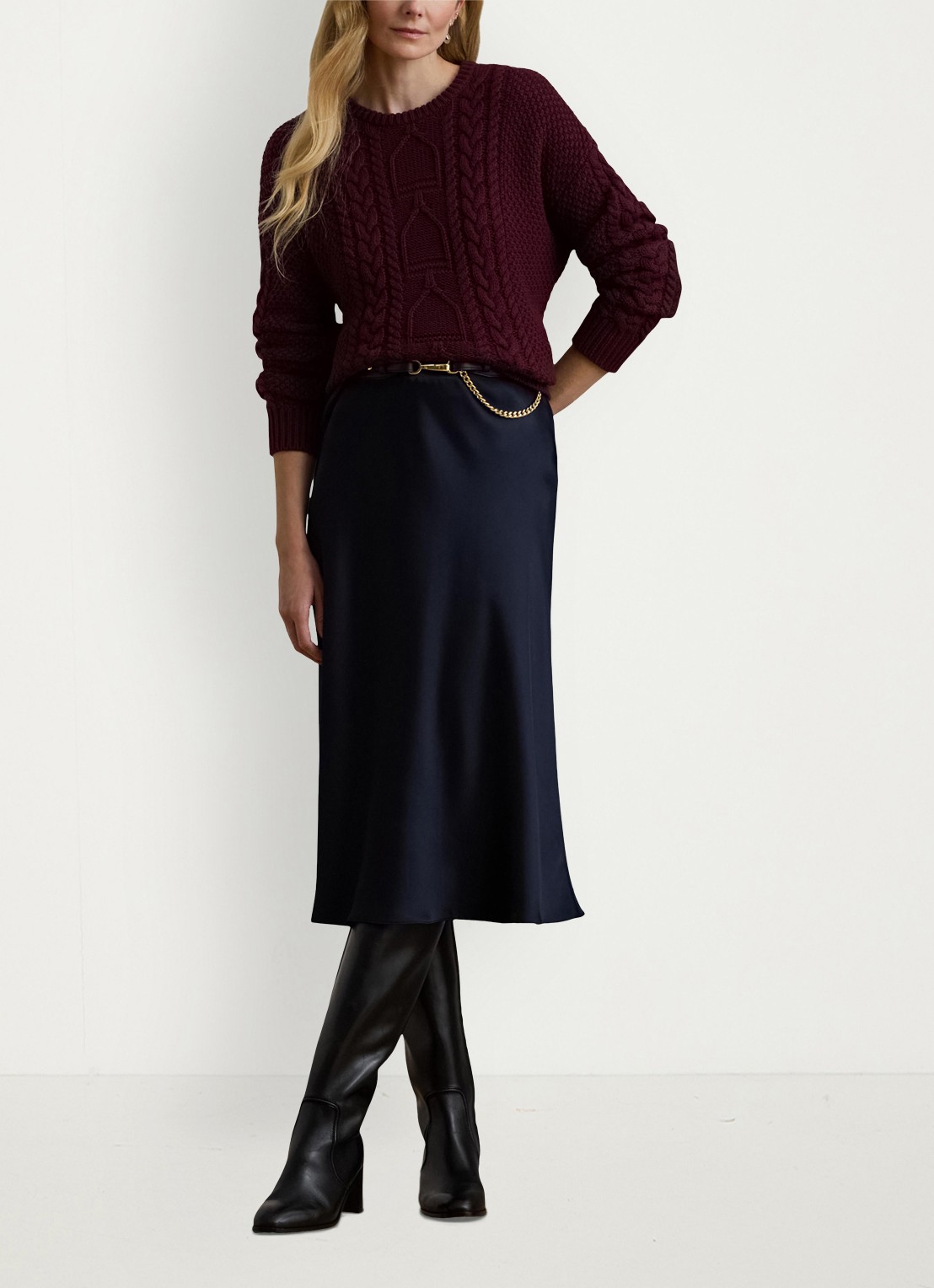 Ralph Lauren Midi rok van satijn - voorkant 2 donkerblauw