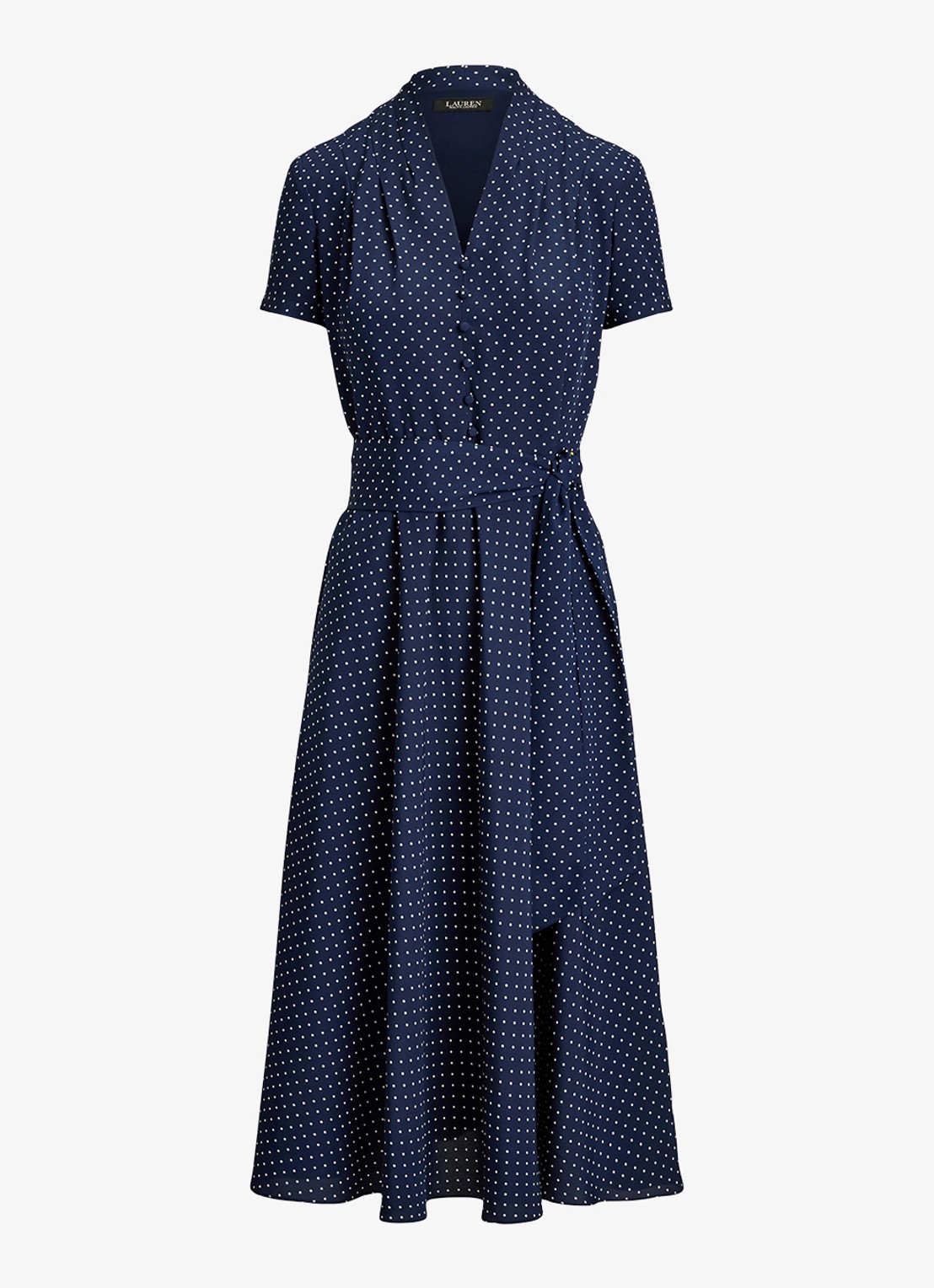 Ralph Lauren Midi tuniekjurk met stippenprint en ceintuur - voorkant 4 donkerblauw