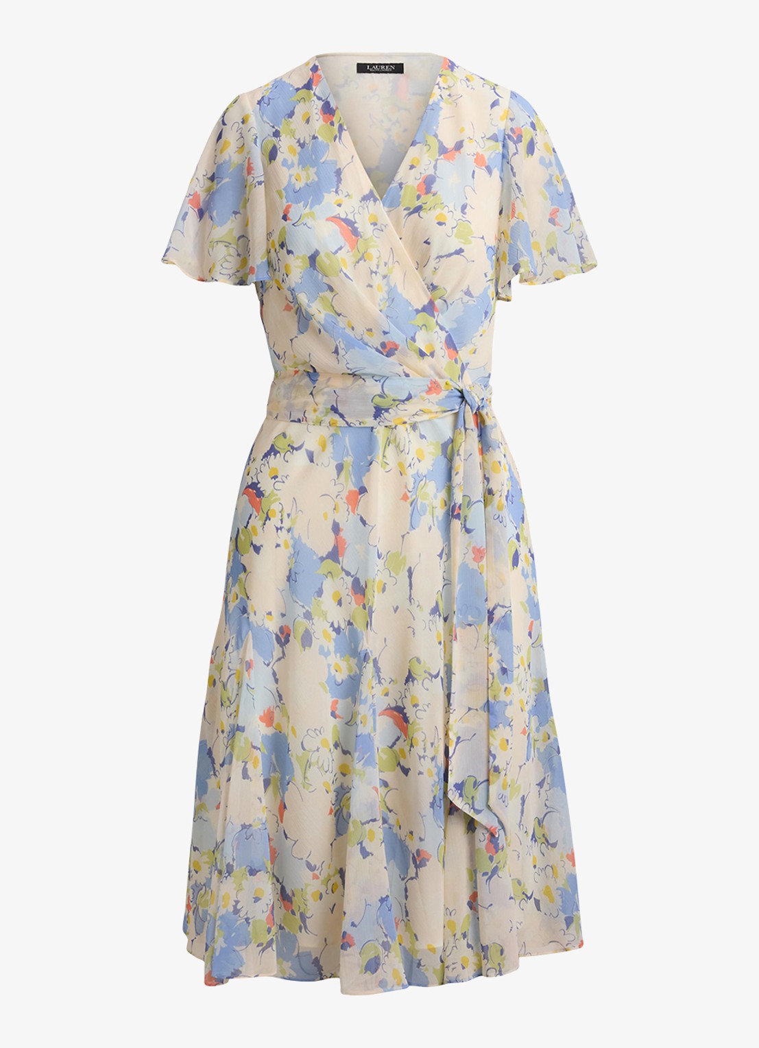 Ralph Lauren Midi wikkeljurk met bloemenprint - voorkant blue multi / blauw