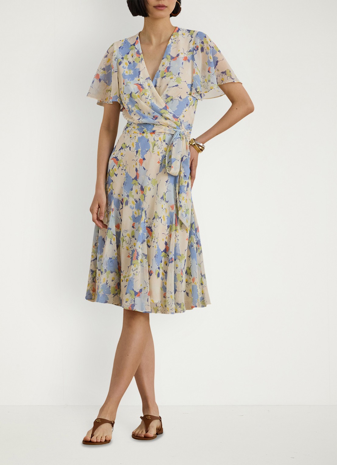 Ralph Lauren Midi wikkeljurk met bloemenprint - voorkant 2 blue multi / blauw
