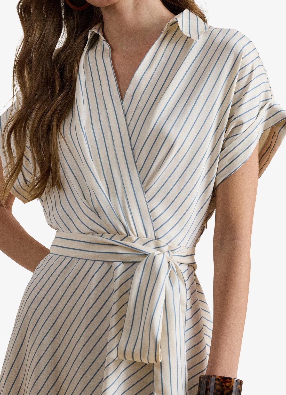 Ralph Lauren Midi wikkeljurk met streepprint - detail cream blue / creme