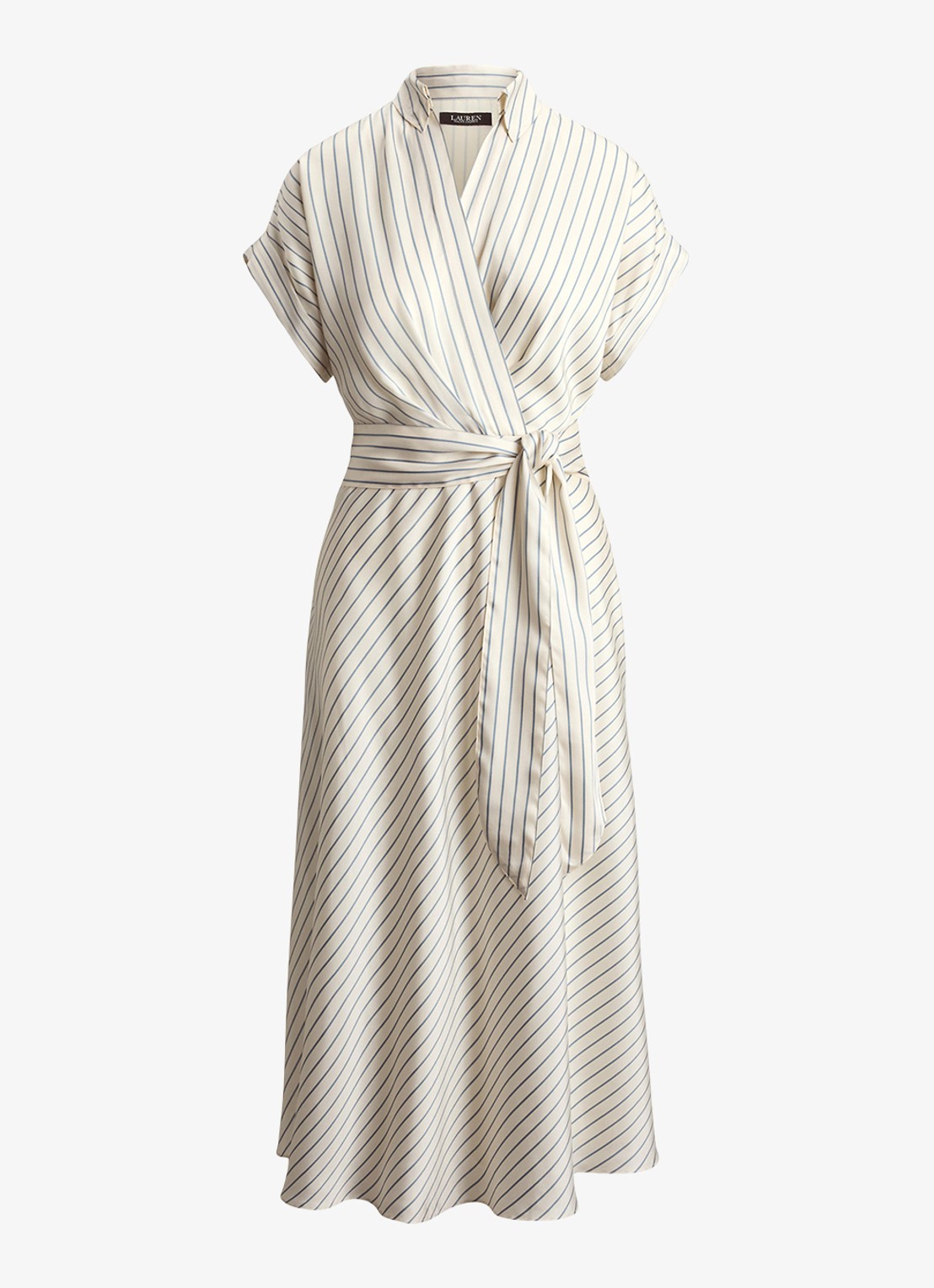 Ralph Lauren Midi wikkeljurk met streepprint - voorkant 4 cream blue / creme