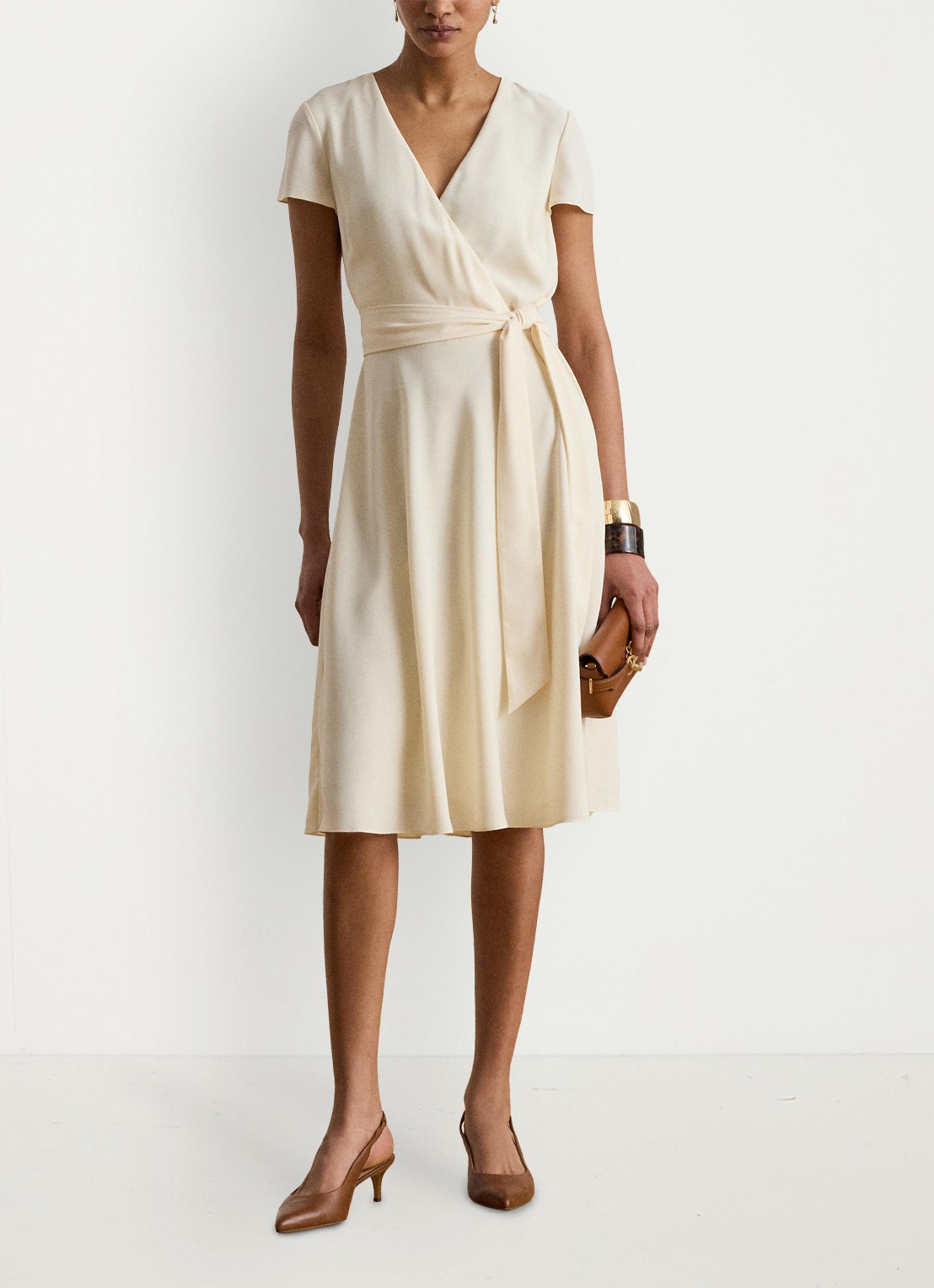 Ralph Lauren Midi wikkeljurk met strikceintuur - voorkant 5 creme