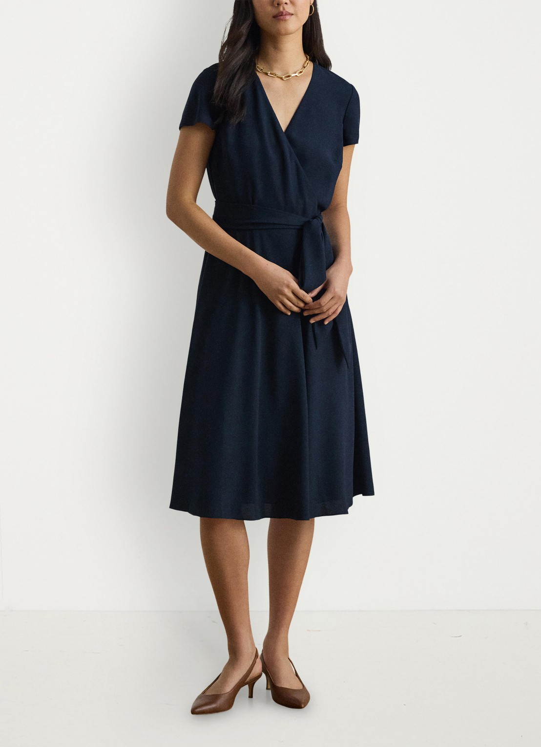 Ralph Lauren Midi wikkeljurk met strikceintuur - detail 3 donkerblauw