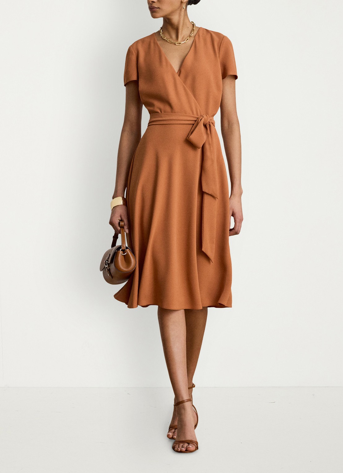 Ralph Lauren Midi wikkeljurk met strikceintuur - voorkant 2 red terracotta / rood