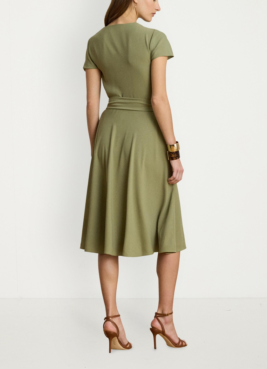 Ralph Lauren Midi wikkeljurk met strikceintuur - achterkant light agave / beige
