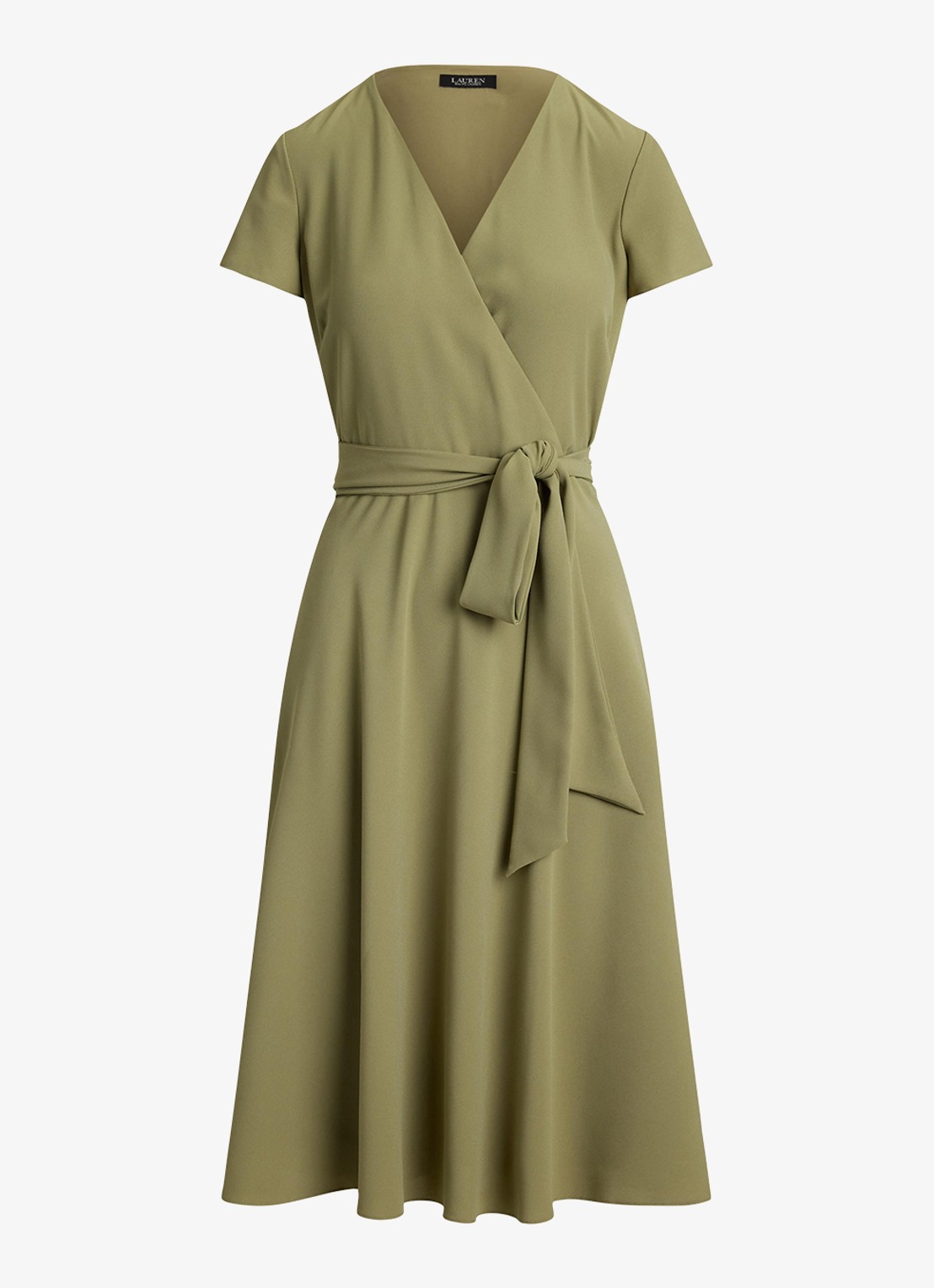 Ralph Lauren Midi wikkeljurk met strikceintuur - voorkant 4 light agave / beige