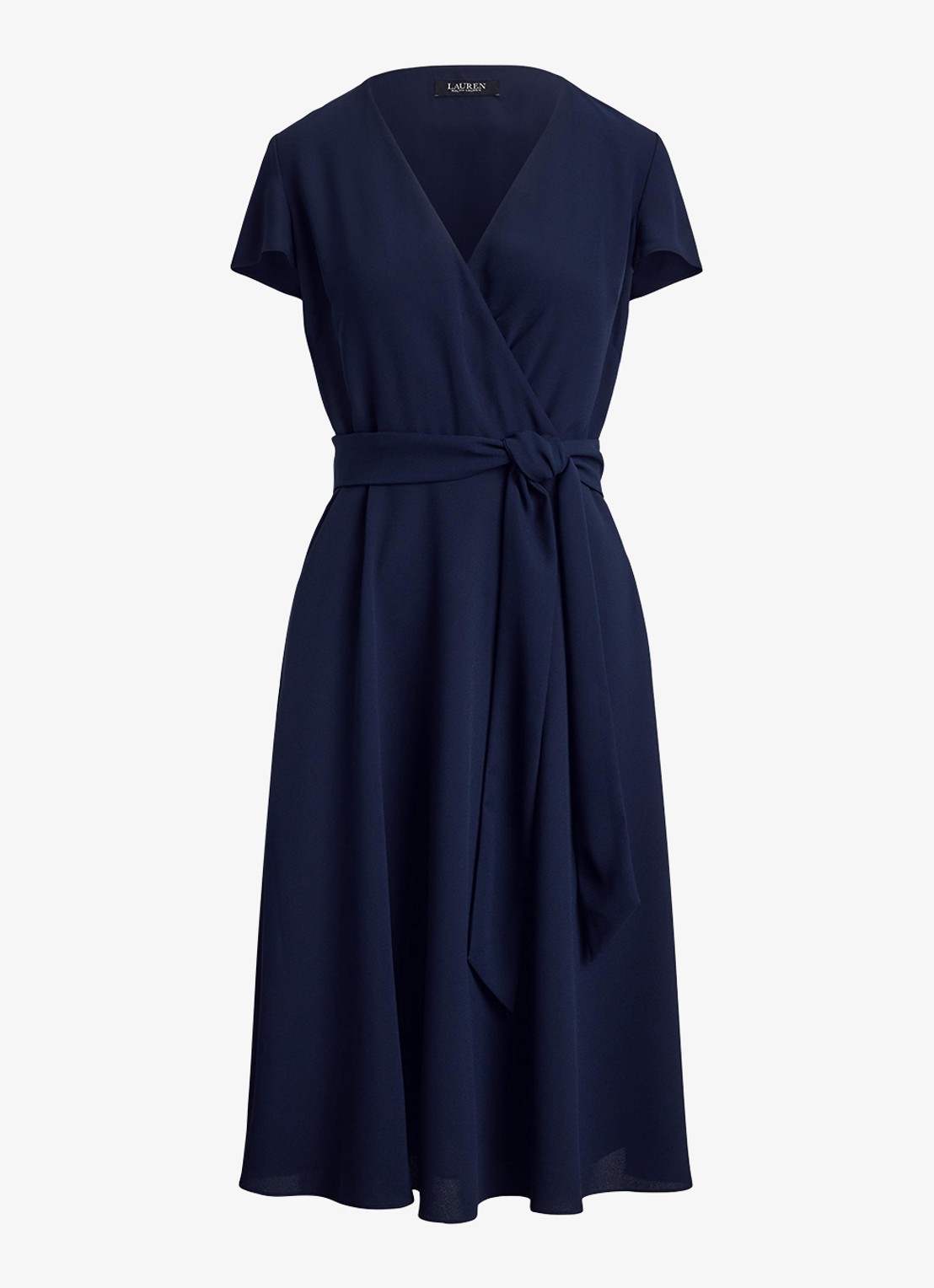 Ralph Lauren Midi wikkeljurk met strikceintuur - voorkant 5 donkerblauw