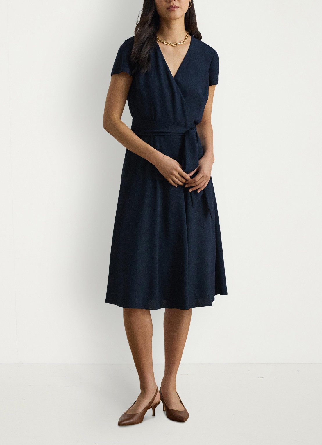 Ralph Lauren Midi wikkeljurk met strikceintuur - voorkant 6 donkerblauw
