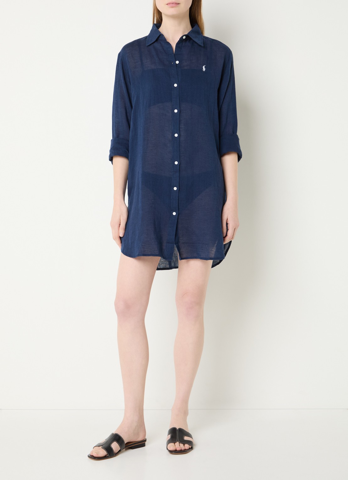Ralph Lauren Mini blousejurk van linnen - voorkant 2 donkerblauw