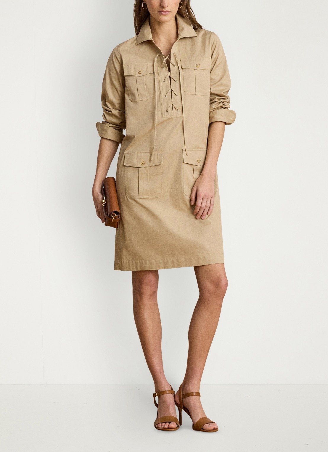 Ralph Lauren Mini tuniekjurk met opgestikte zakken - voorkant 2 birch tan / beige